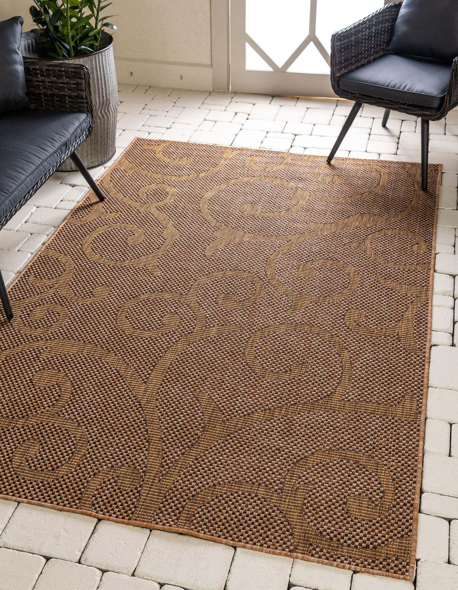 Unique Loom Outdoor Rugs - Outdoor Botanical Damask Rectangular 9x12 Rug Light Brown & Brown