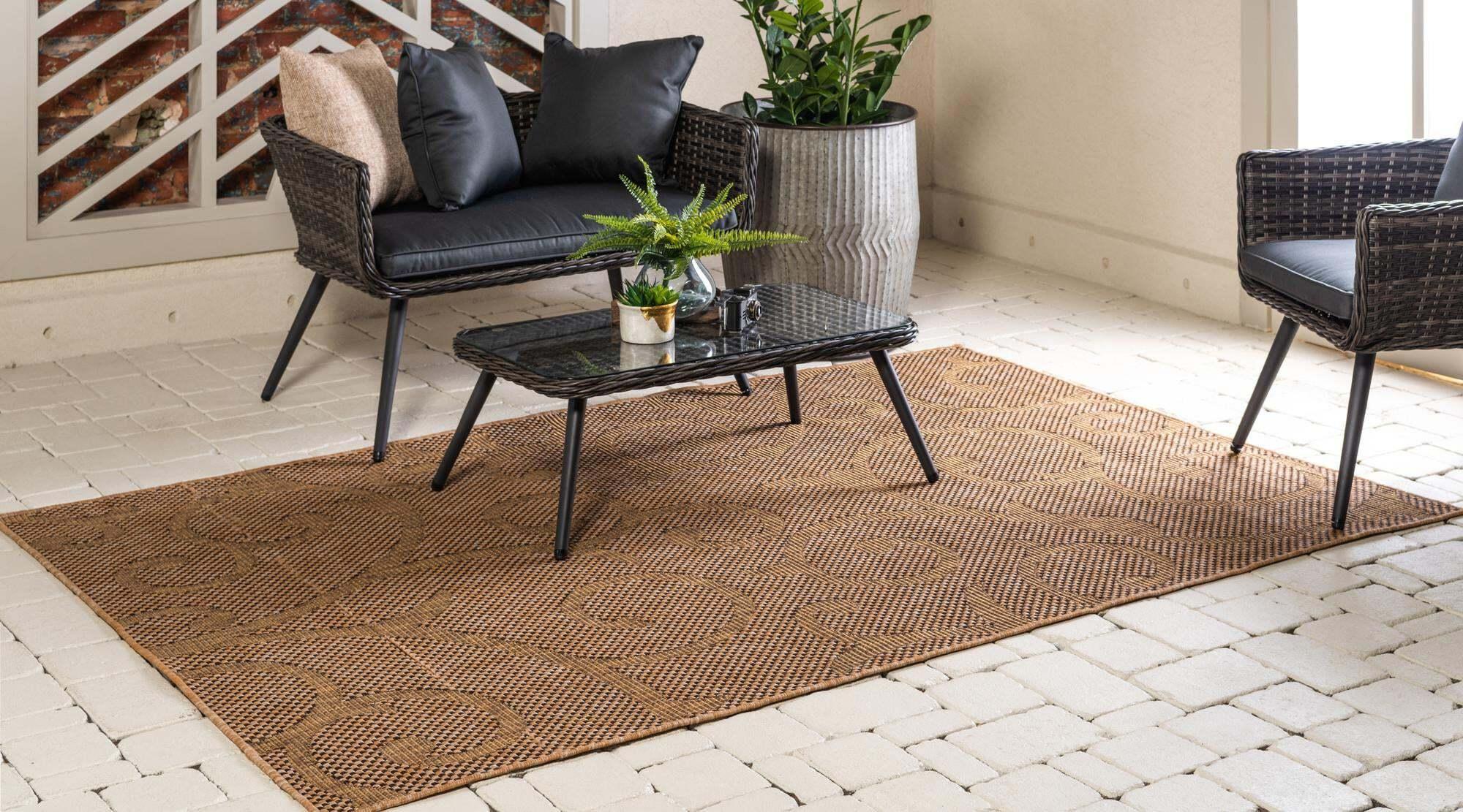 Unique Loom Outdoor Rugs - Outdoor Botanical Damask Rectangular 9x12 Rug Light Brown & Brown