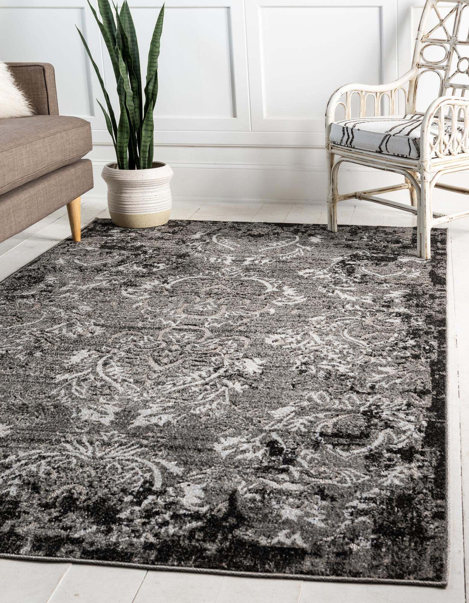 Unique Loom Outdoor Rugs - Outdoor Botanical Damask Rectangular 9x12 Rug Light Gray & Black