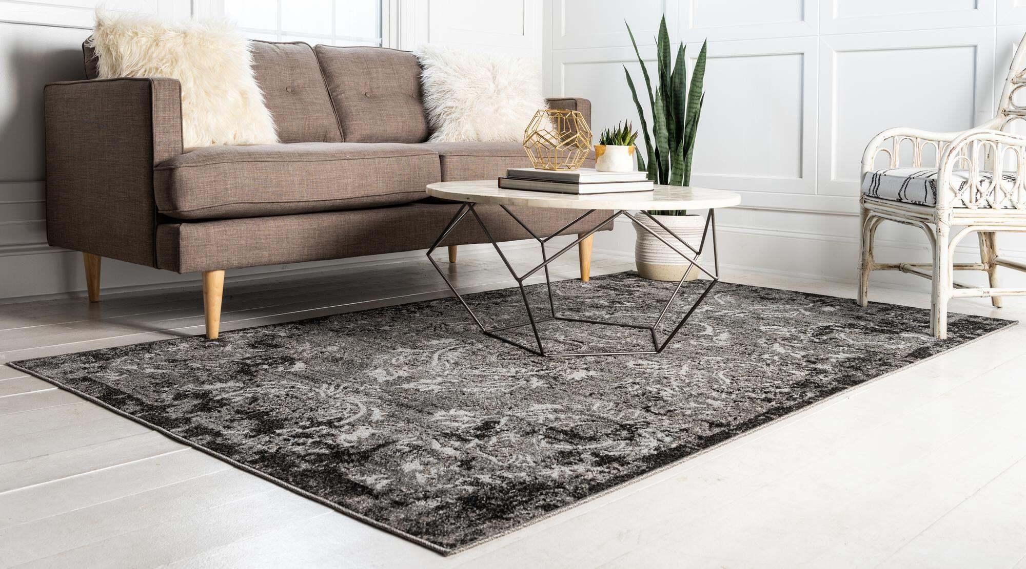 Unique Loom Outdoor Rugs - Outdoor Botanical Damask Rectangular 9x12 Rug Light Gray & Black