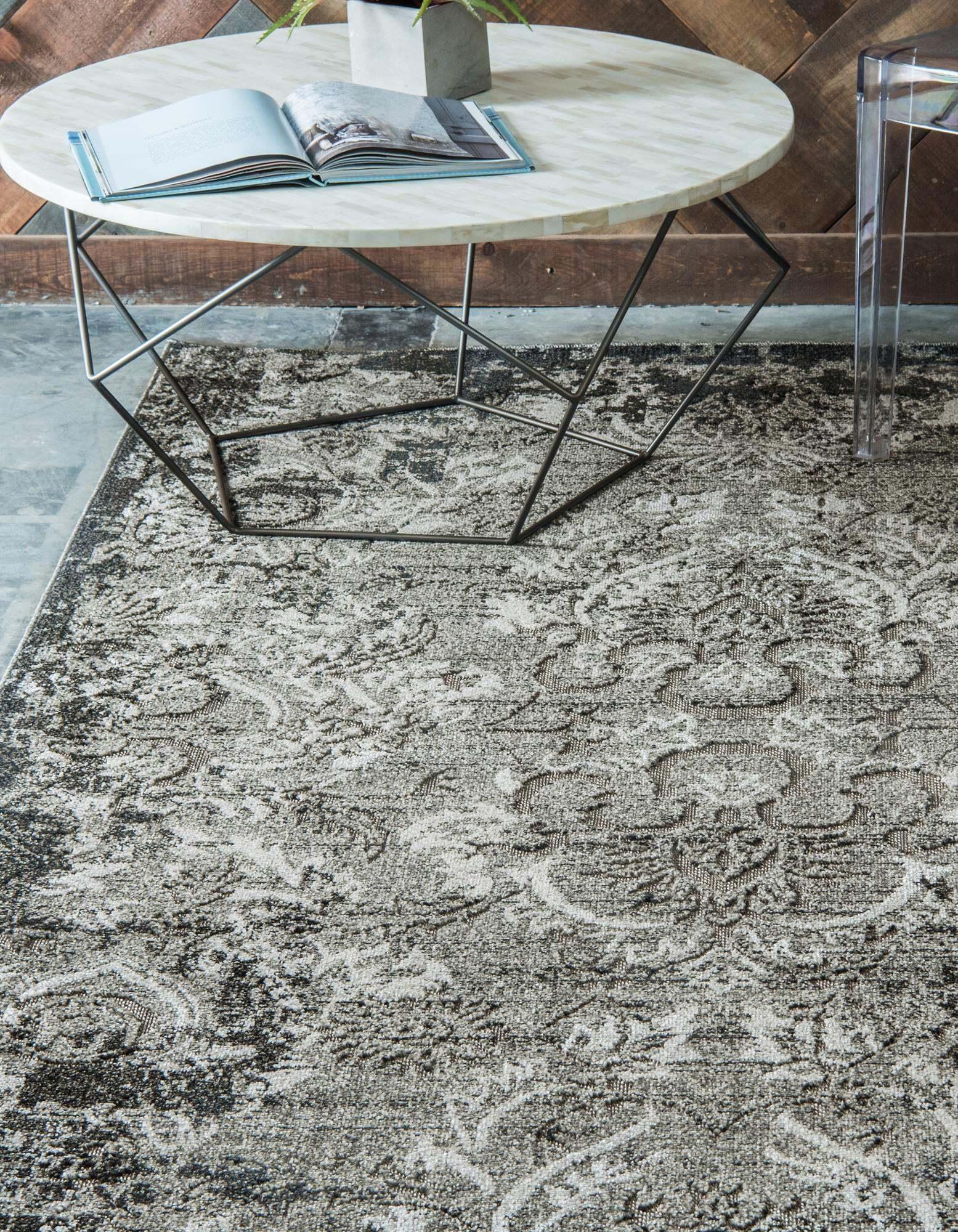 Unique Loom Outdoor Rugs - Outdoor Botanical Damask Rectangular 9x12 Rug Light Gray & Black