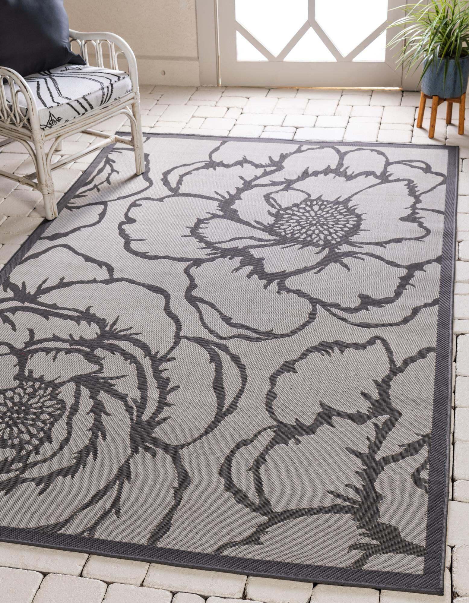 Unique Loom Outdoor Rugs - Outdoor Botanical Floral 5x8 Rug Gray & Light Gray