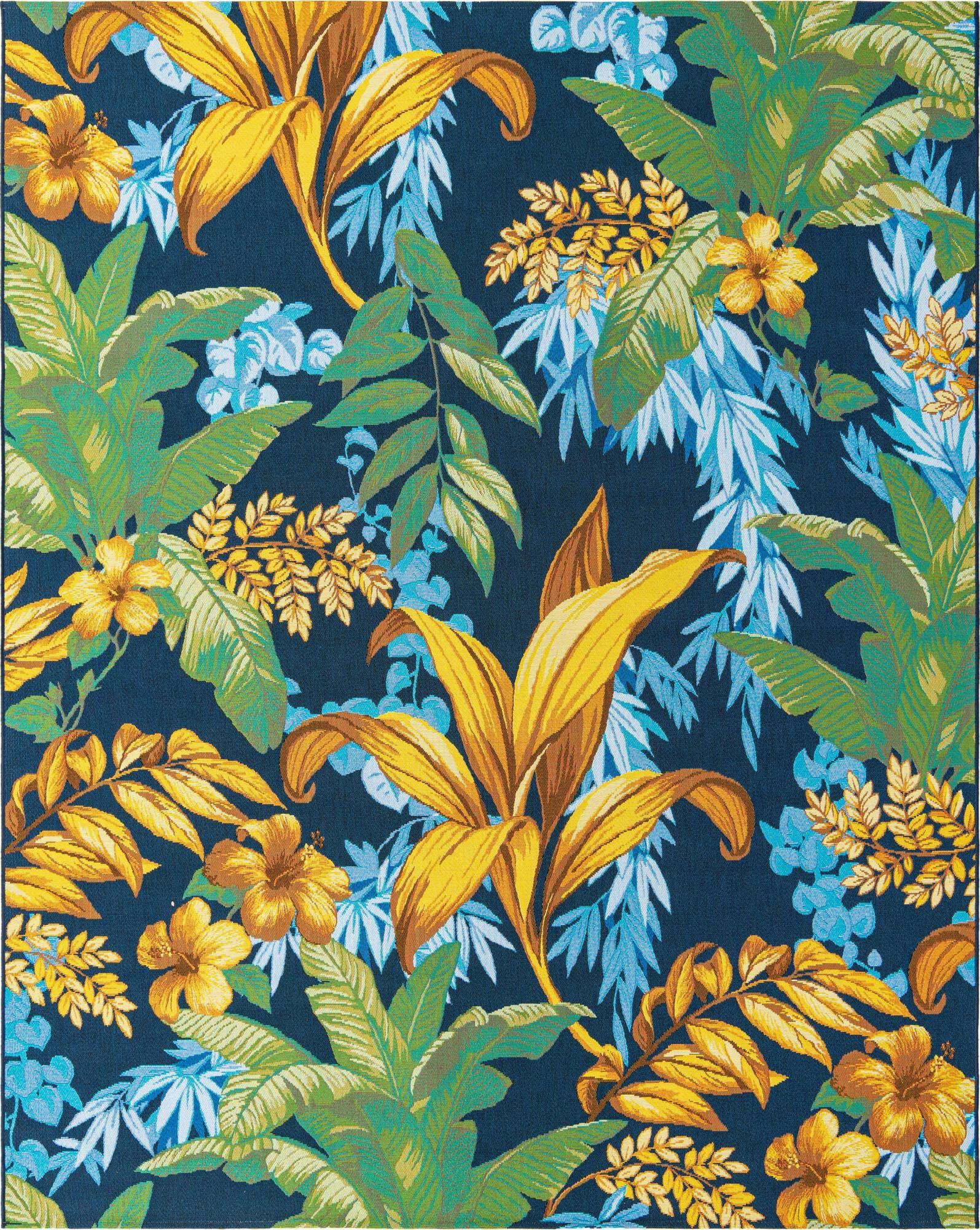 Unique Loom Outdoor Rugs - Outdoor Botanical Floral / Botanical Rectangular 8x10 Rug Blue & Gold