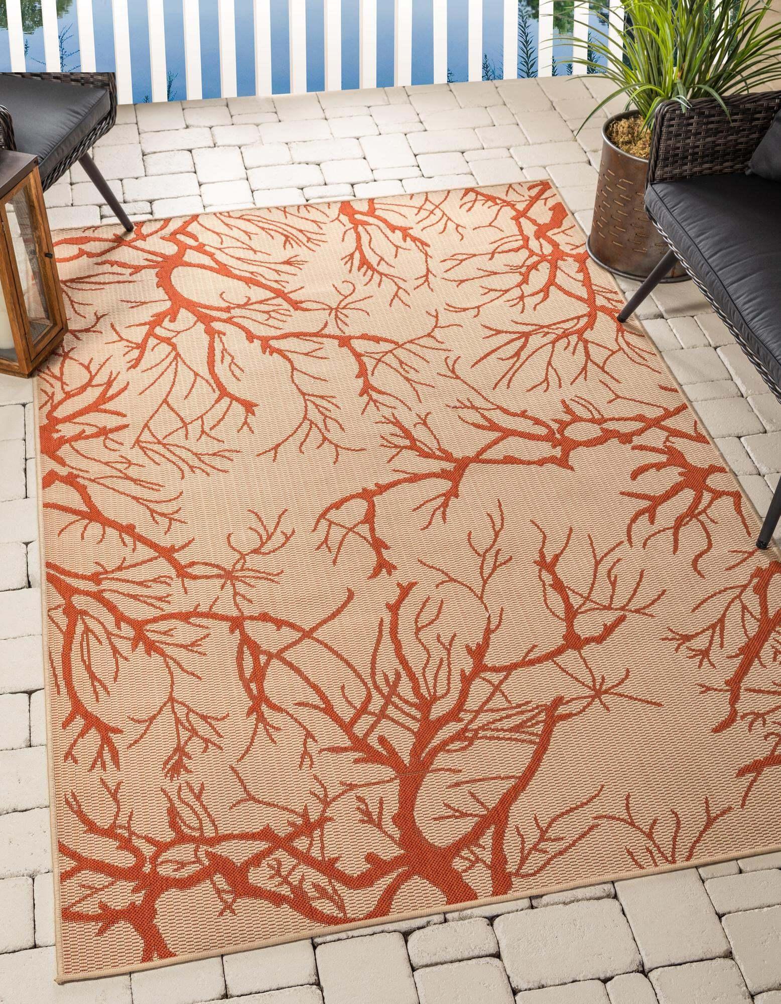 Unique Loom Outdoor Rugs - Outdoor Botanical Floral / Botanical Rectangular 8x11 Rug Beige & Terracotta