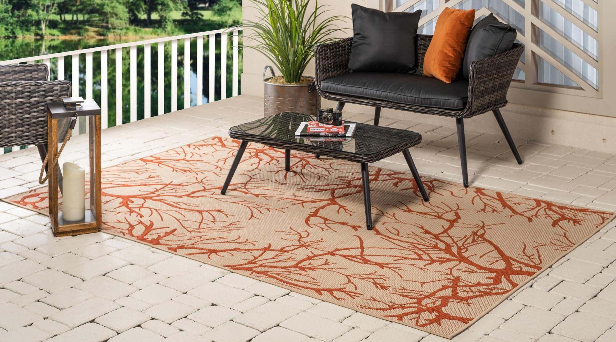 Unique Loom Outdoor Rugs - Outdoor Botanical Floral / Botanical Rectangular 8x11 Rug Beige & Terracotta