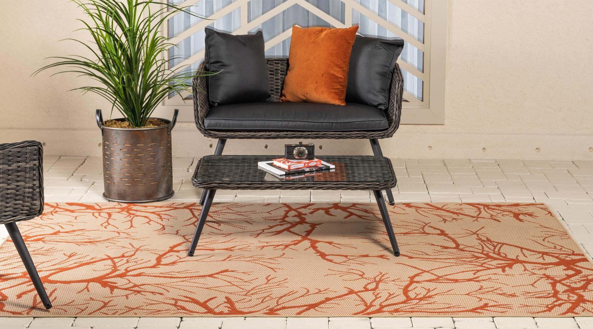 Unique Loom Outdoor Rugs - Outdoor Botanical Floral / Botanical Rectangular 8x11 Rug Beige & Terracotta