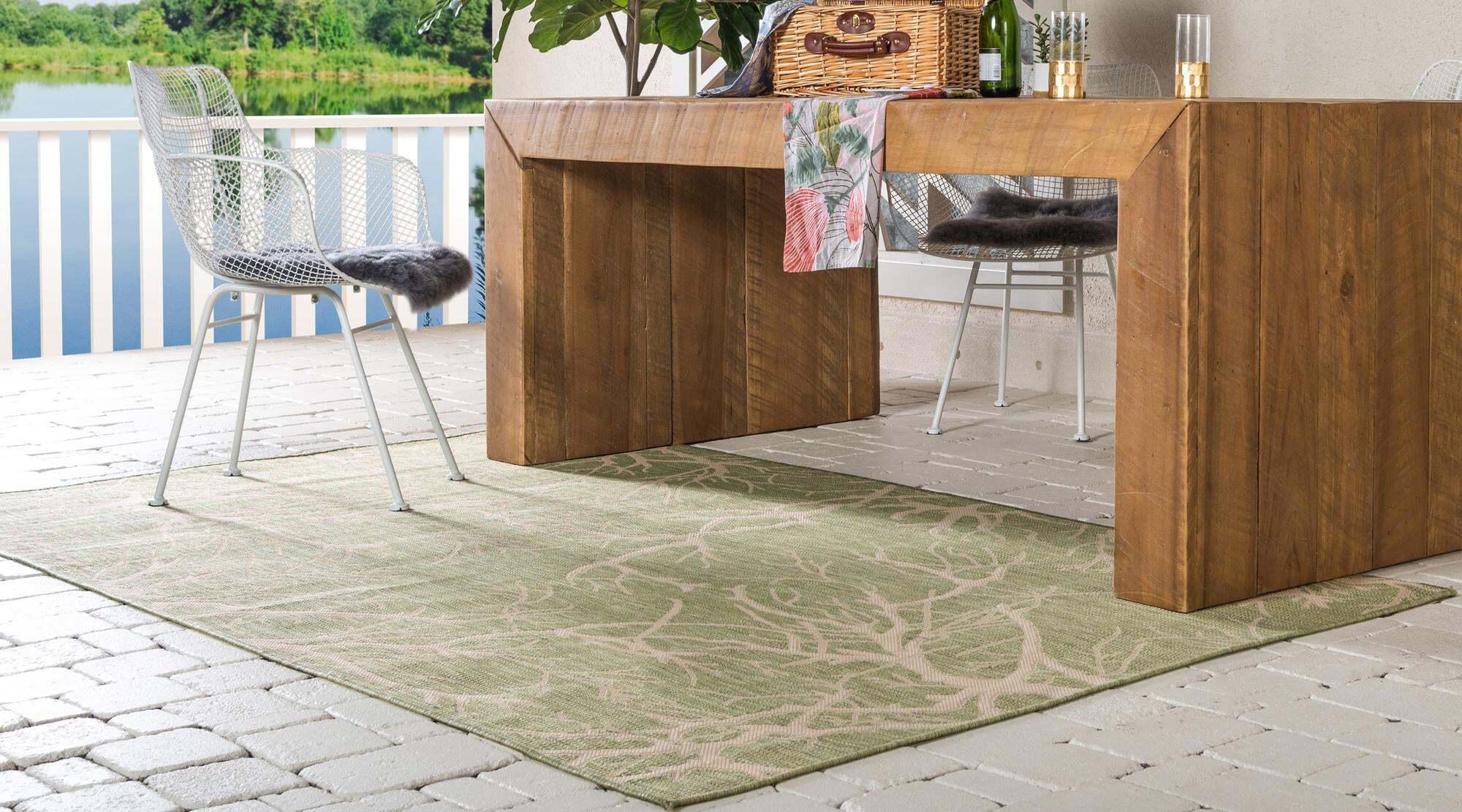 Unique Loom Outdoor Rugs - Outdoor Botanical Floral / Botanical Rectangular 8x11 Rug Light Green & Beige