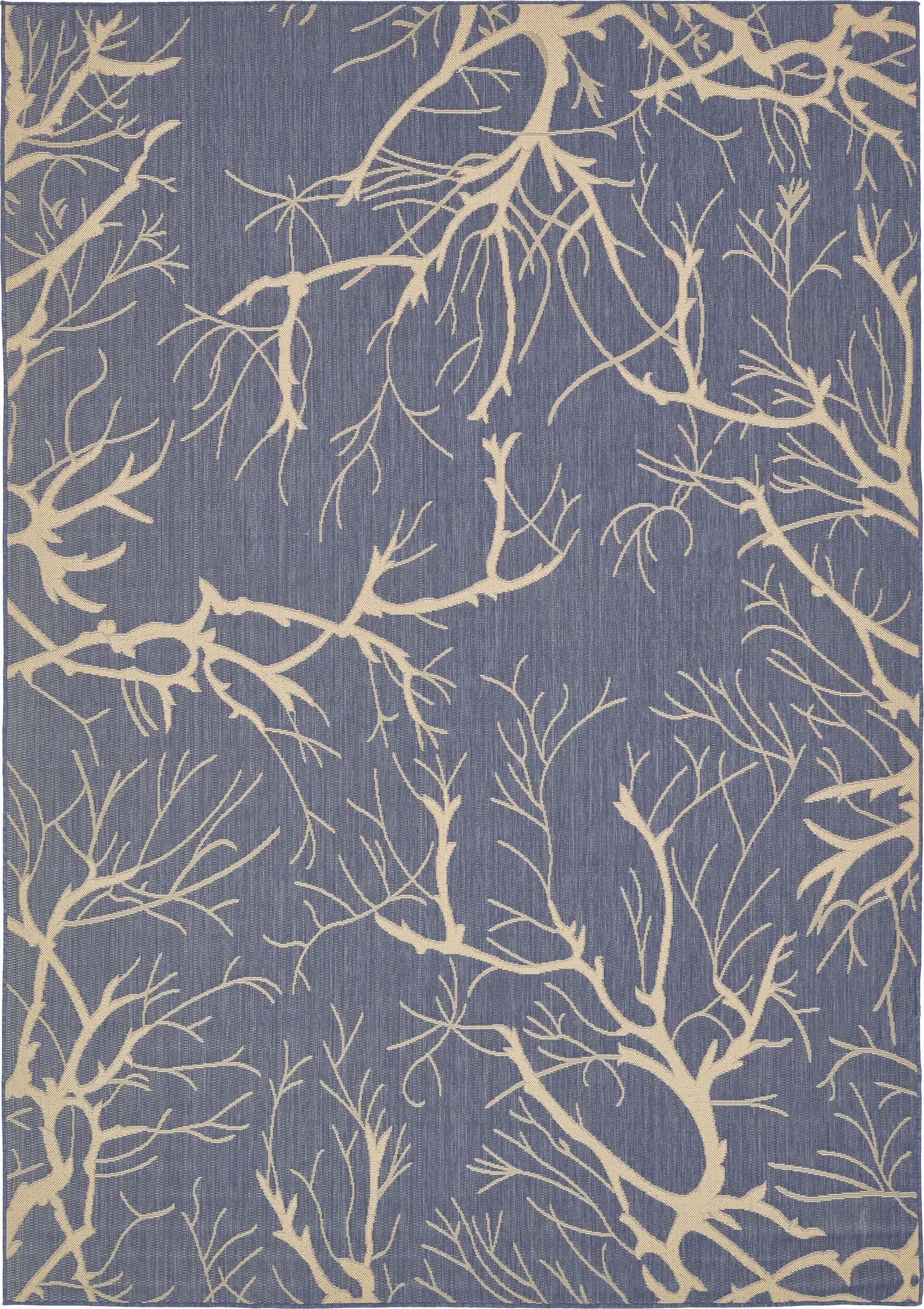 Unique Loom Outdoor Rugs - Outdoor Botanical Floral / Botanical Rectangular 8x11 Rug Navy Blue & Beige