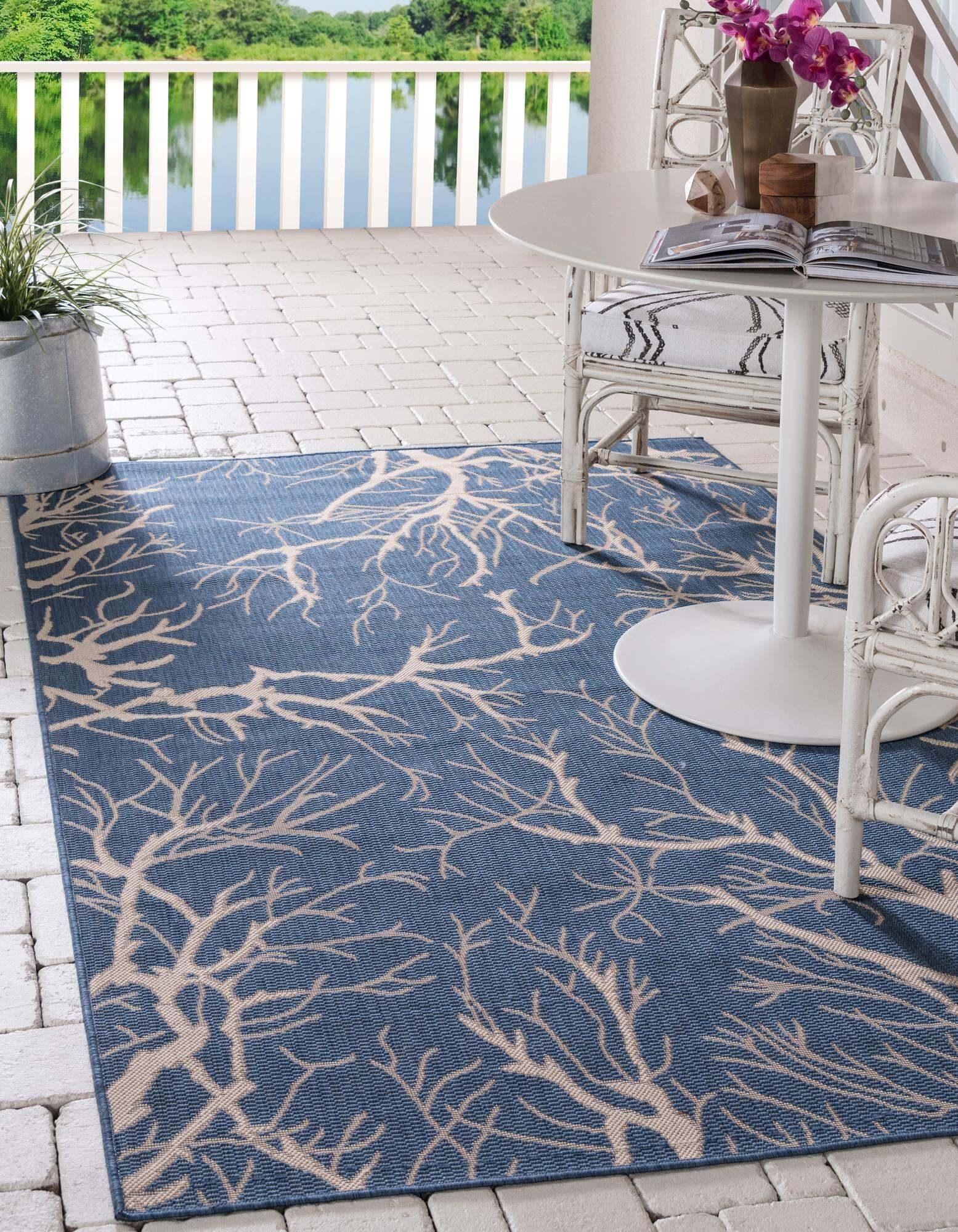 Unique Loom Outdoor Rugs - Outdoor Botanical Floral / Botanical Rectangular 8x11 Rug Navy Blue & Beige