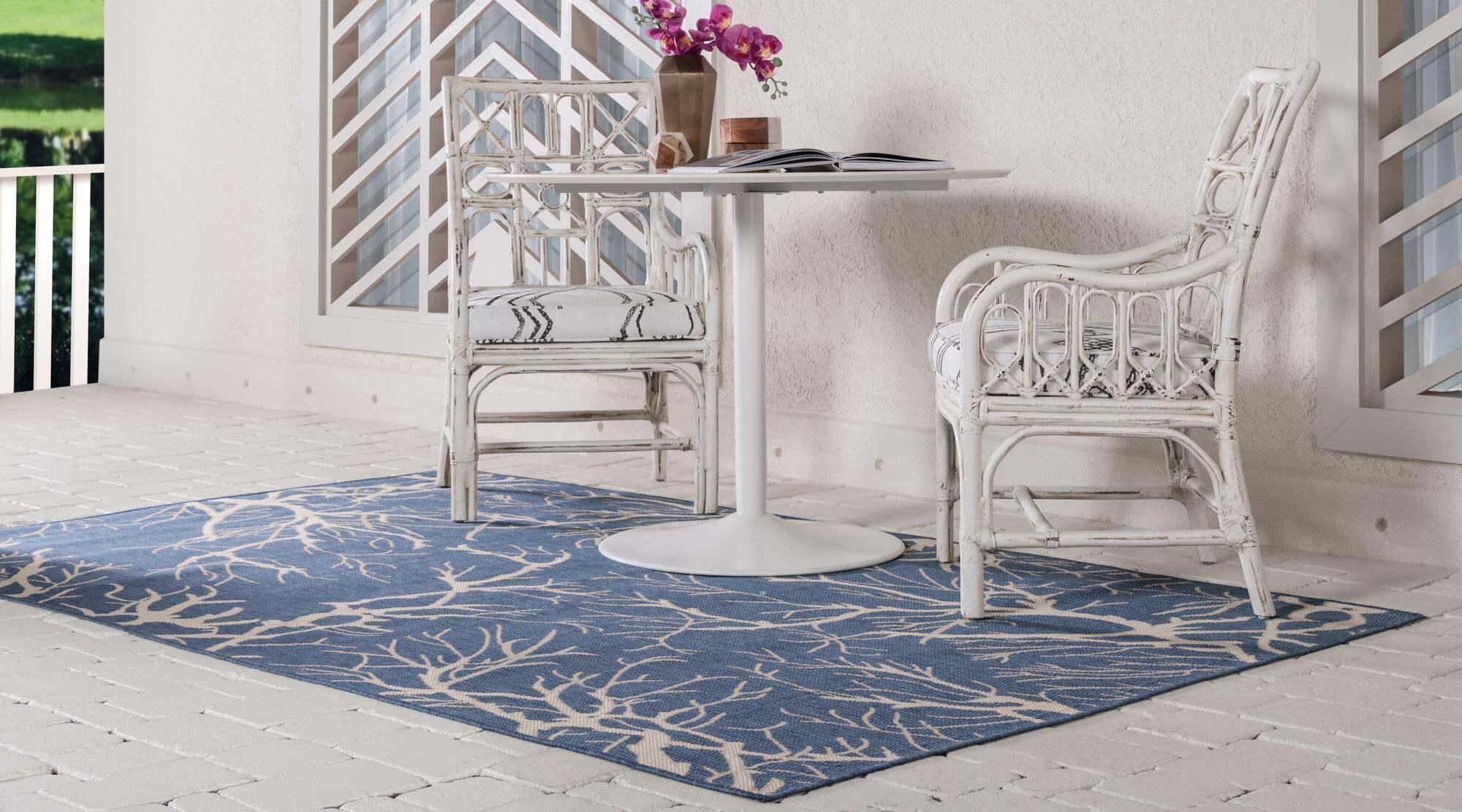 Unique Loom Outdoor Rugs - Outdoor Botanical Floral / Botanical Rectangular 8x11 Rug Navy Blue & Beige