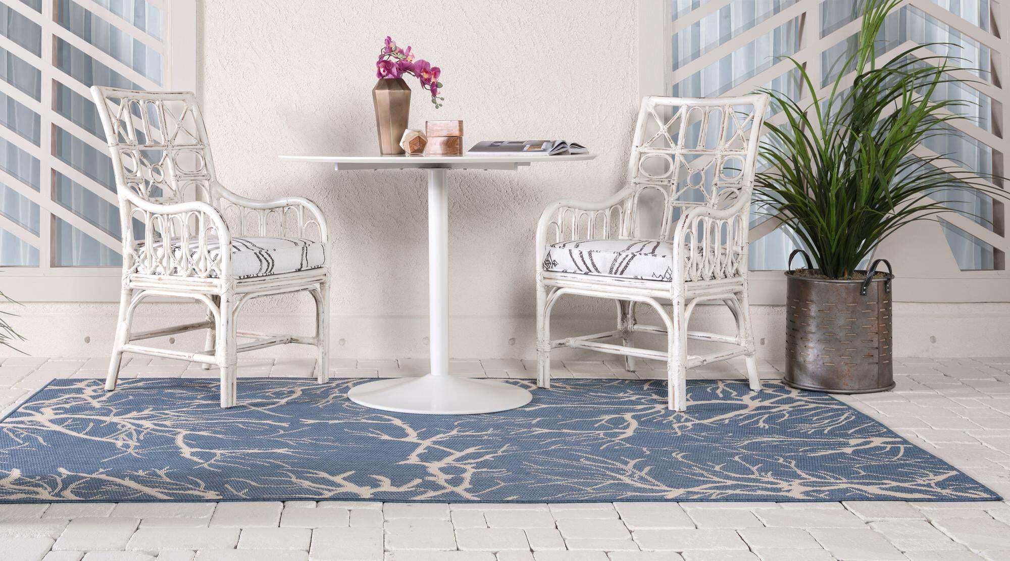 Unique Loom Outdoor Rugs - Outdoor Botanical Floral / Botanical Rectangular 8x11 Rug Navy Blue & Beige