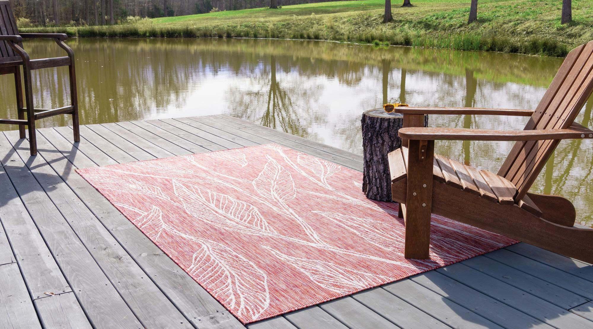 Unique Loom Outdoor Rugs - Outdoor Botanical Floral / Botanical Rectangular 8x11 Rug Rust Red & Gray
