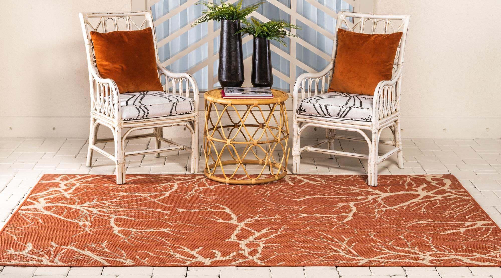 Unique Loom Outdoor Rugs - Outdoor Botanical Floral / Botanical Rectangular 8x11 Rug Terracotta & Beige
