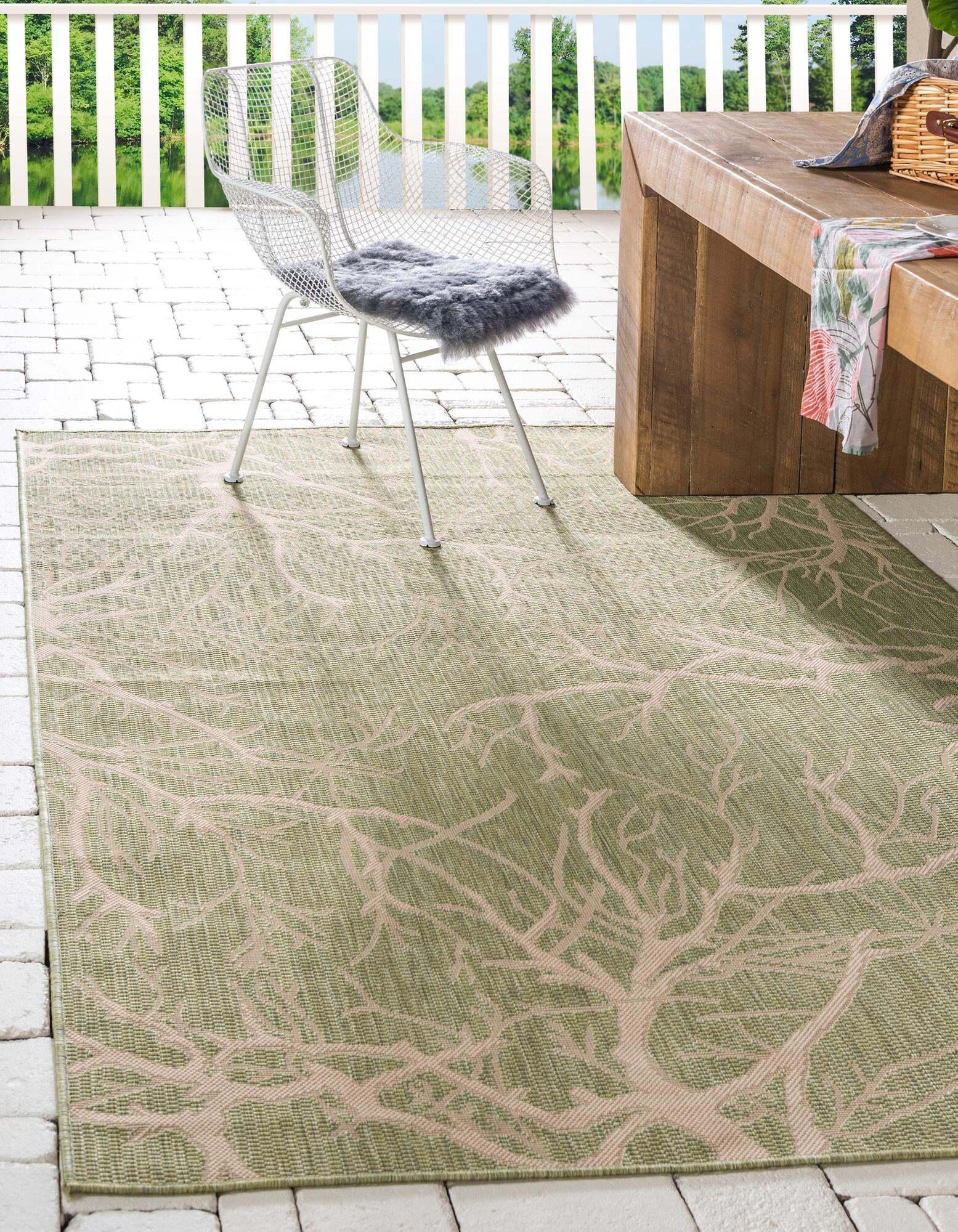 Unique Loom Outdoor Rugs - Outdoor Botanical Floral / Botanical Rectangular 9x12 Rug Light Green & Beige