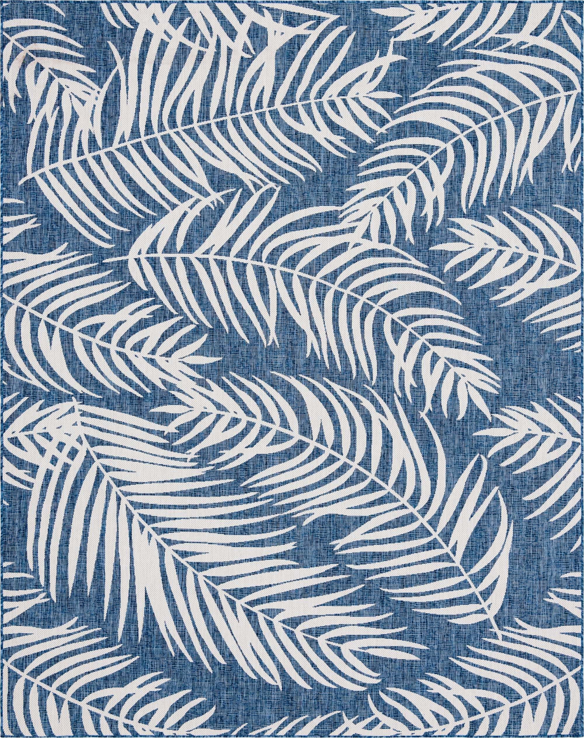 Unique Loom Outdoor Rugs - Outdoor Botanical Floral / Botanical Rectangular 9x12 Rug Navy Blue & Ivory