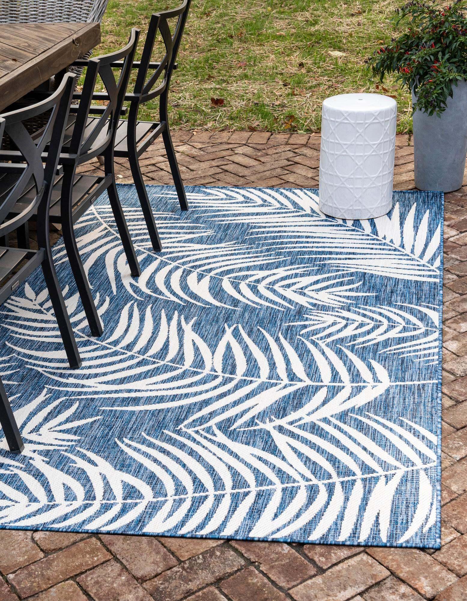 Unique Loom Outdoor Rugs - Outdoor Botanical Floral / Botanical Rectangular 9x12 Rug Navy Blue & Ivory