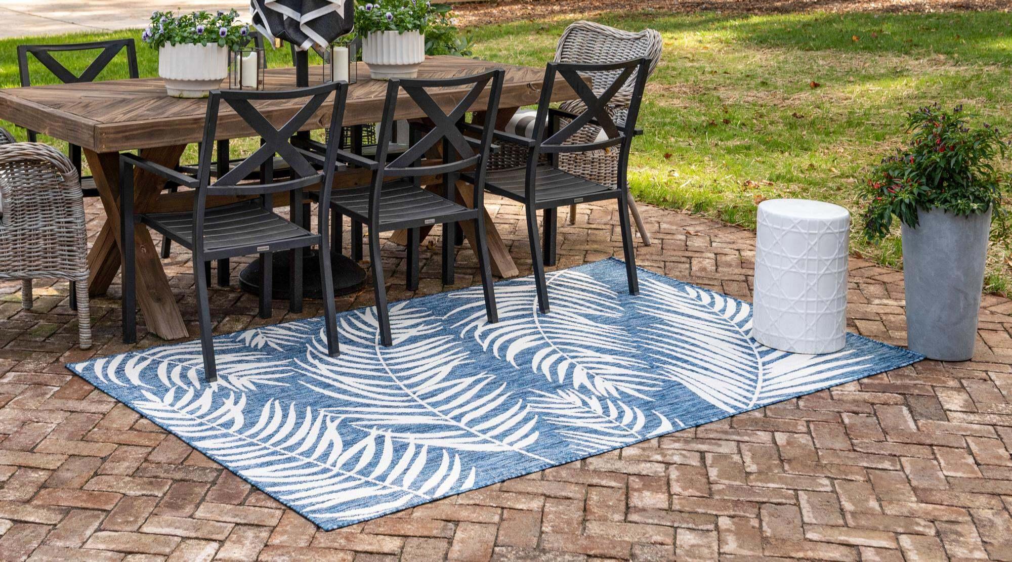 Unique Loom Outdoor Rugs - Outdoor Botanical Floral / Botanical Rectangular 9x12 Rug Navy Blue & Ivory