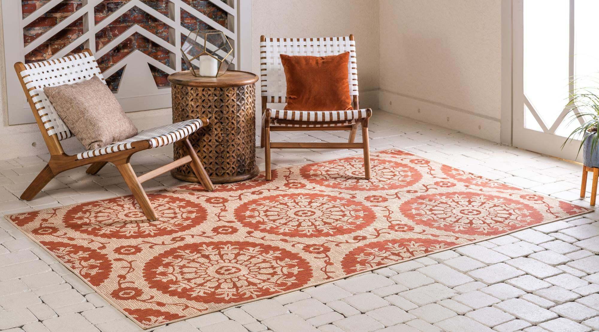 Unique Loom Outdoor Rugs - Outdoor Botanical Geometric Rectangular 8x11 Rug Terracotta & Beige