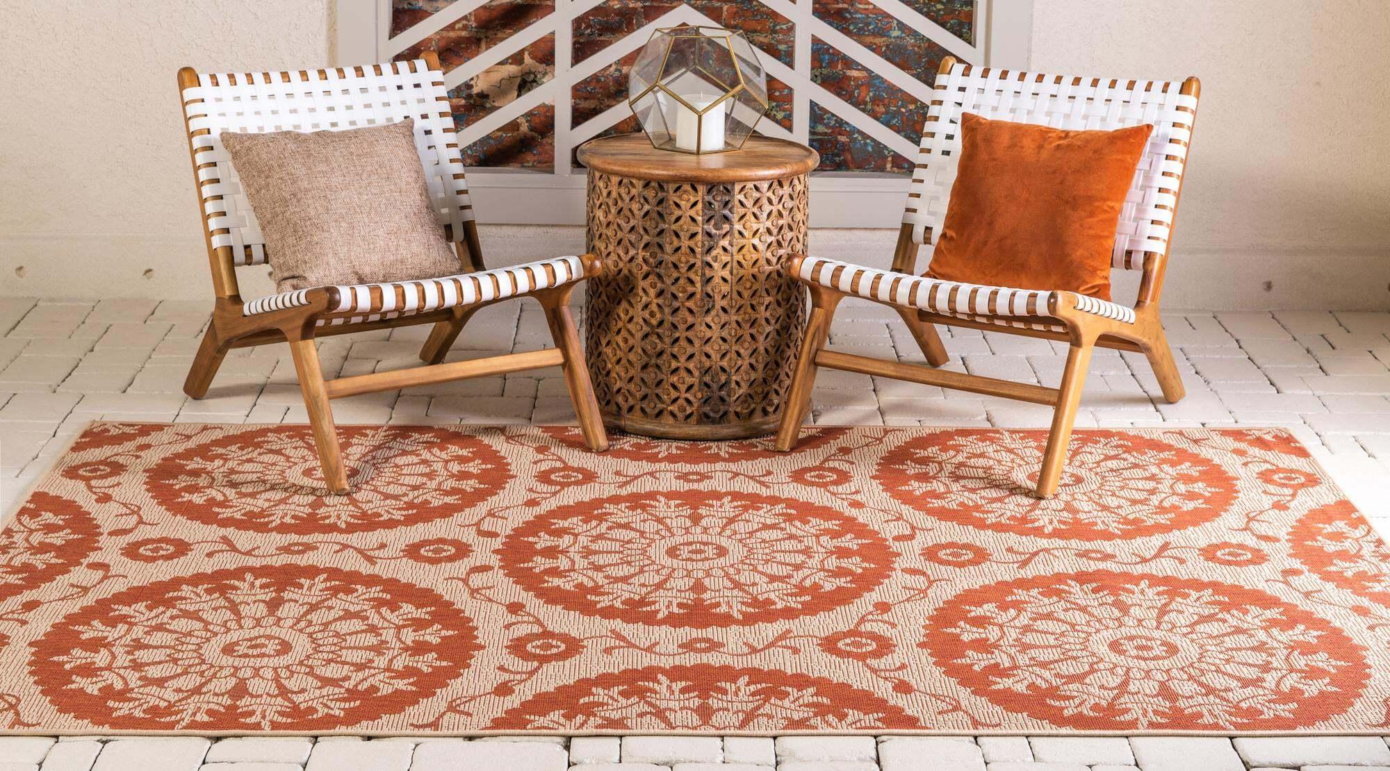 Unique Loom Outdoor Rugs - Outdoor Botanical Geometric Rectangular 8x11 Rug Terracotta & Beige