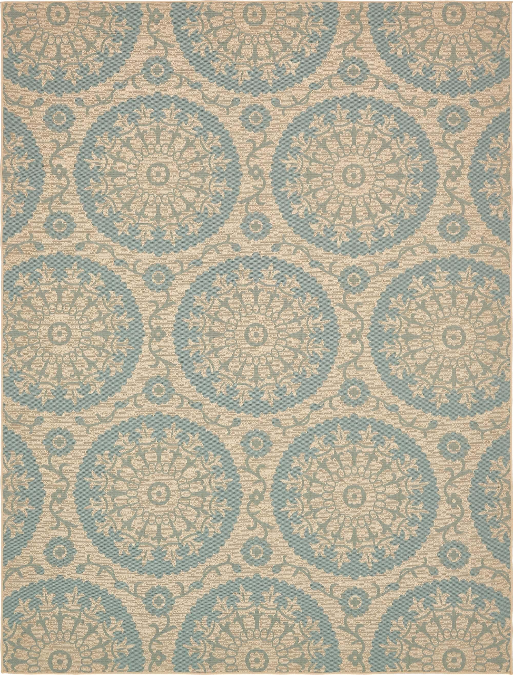 Unique Loom Outdoor Rugs - Outdoor Botanical Geometric Rectangular 9x12 Rug Light Blue & Beige