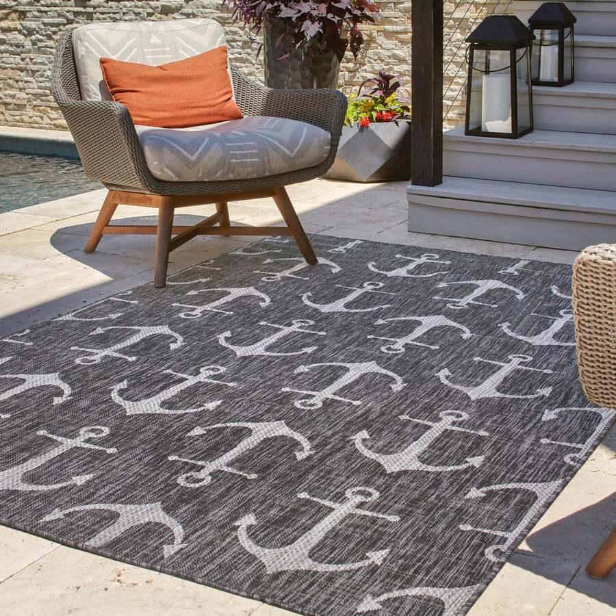 Unique Loom Outdoor Rugs - Outdoor Coastal Beach/Nautical 10x14 Rectangular Rug Charcoal