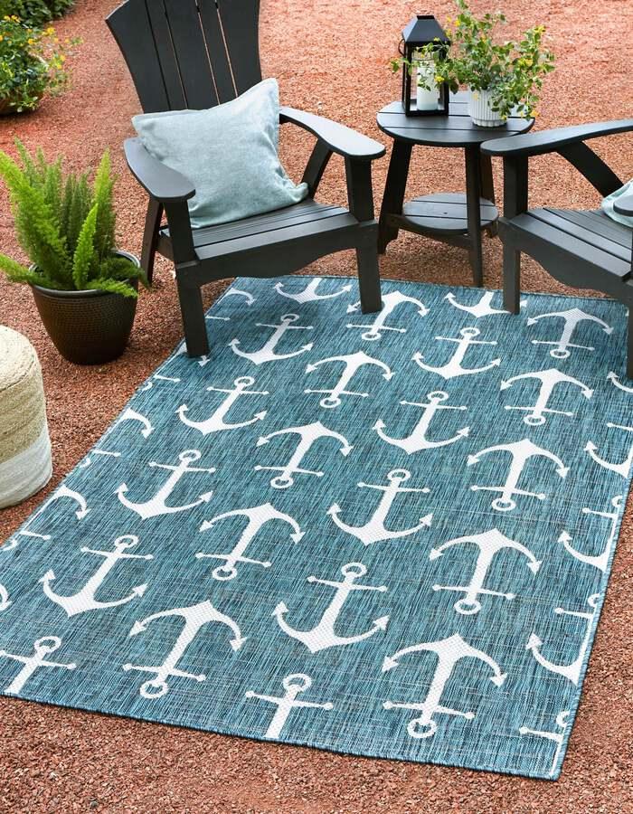 Unique Loom Outdoor Rugs - Outdoor Coastal Beach/Nautical 10x14 Rectangular Rug Teal