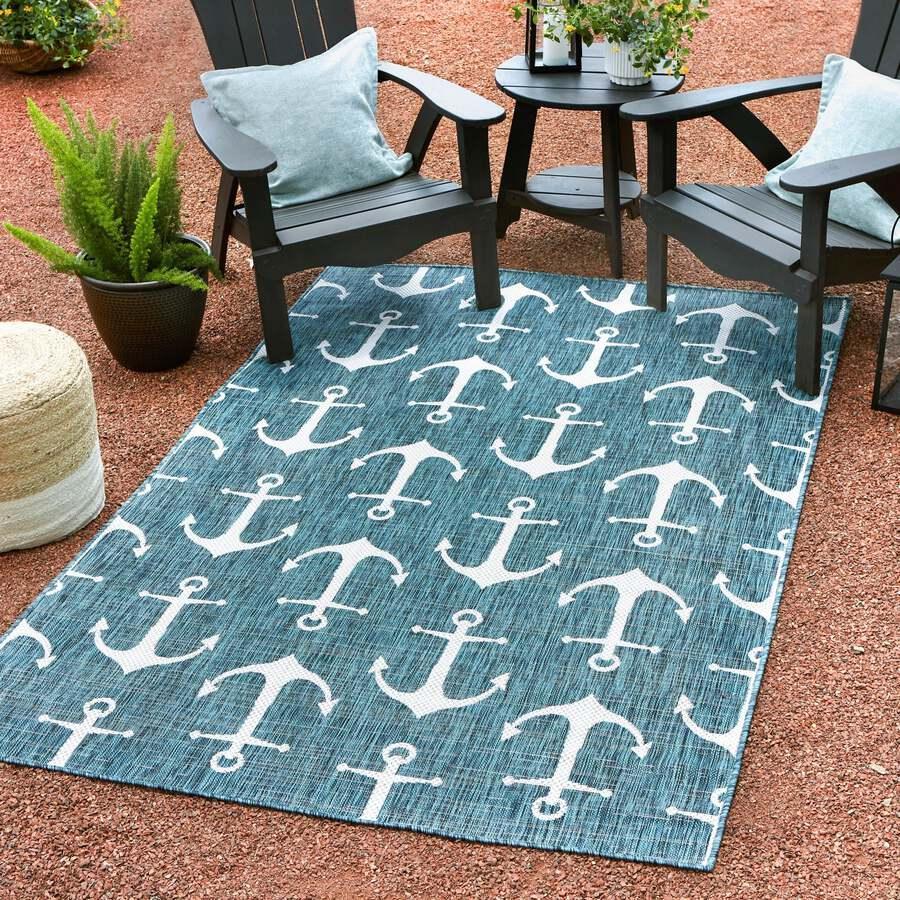 Unique Loom Outdoor Rugs - Outdoor Coastal Beach/Nautical 10x14 Rectangular Rug Teal