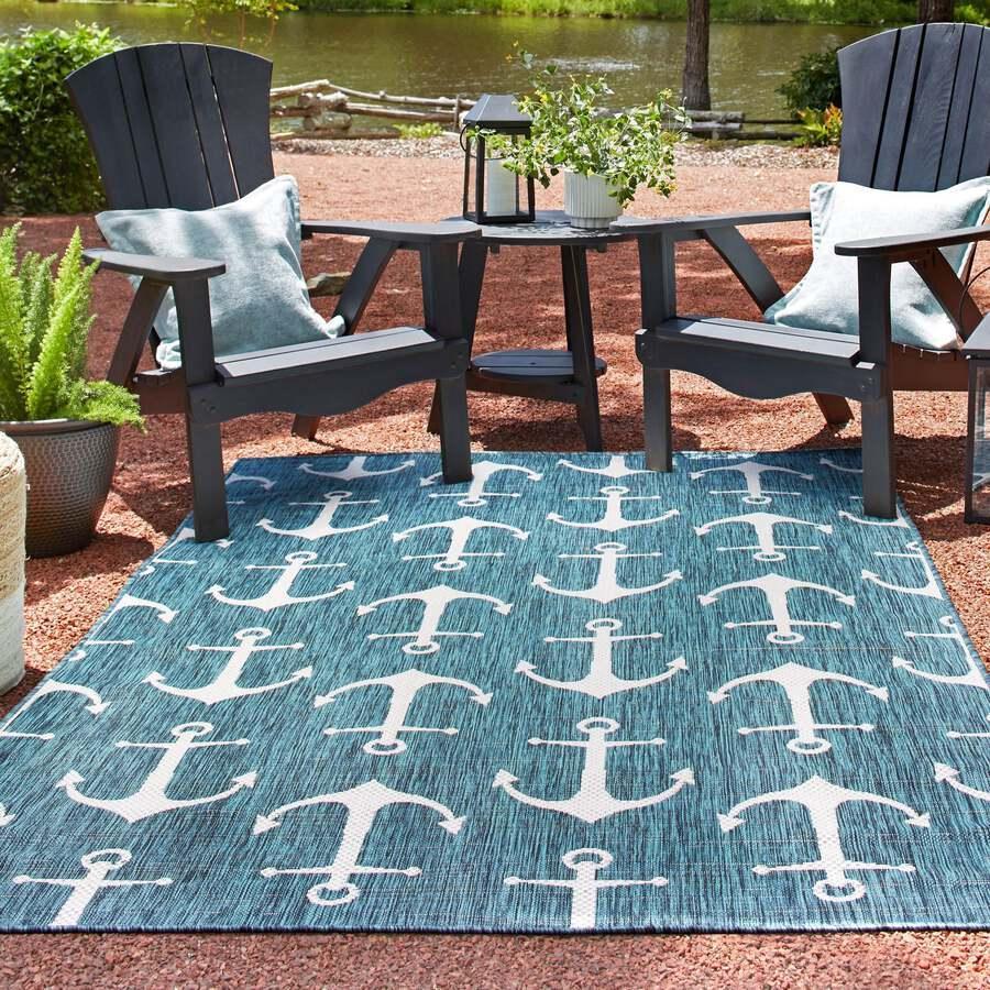 Unique Loom Outdoor Rugs - Outdoor Coastal Beach/Nautical 10x14 Rectangular Rug Teal