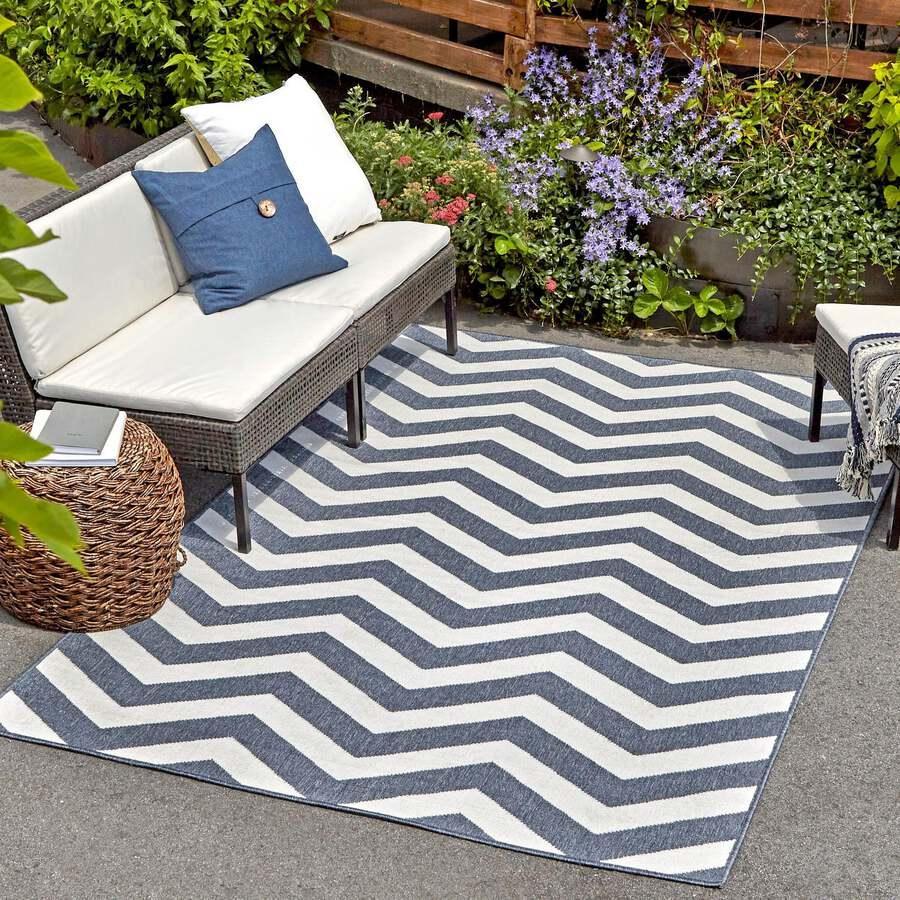 Unique Loom Outdoor Rugs - Outdoor Coastal Chevron 9x12 Navy Blue & Ivory