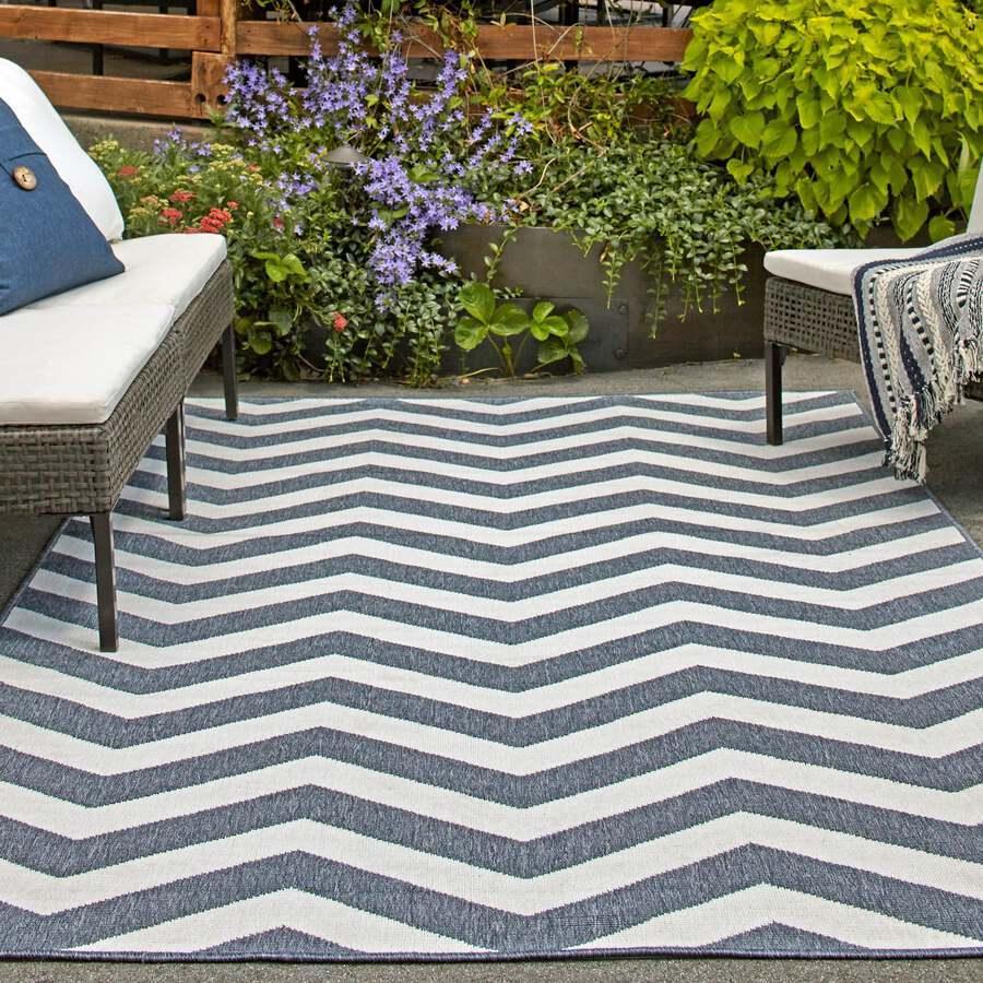 Unique Loom Outdoor Rugs - Outdoor Coastal Chevron 9x12 Navy Blue & Ivory