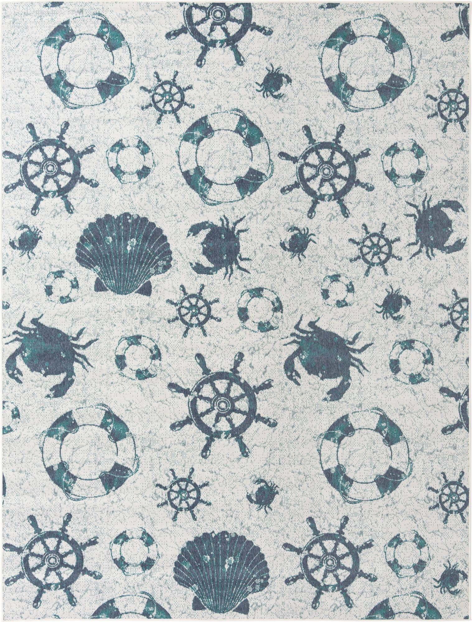 Unique Loom Outdoor Rugs - Outdoor Coastal Solid Print 9x12 Rug Ivory & Blue