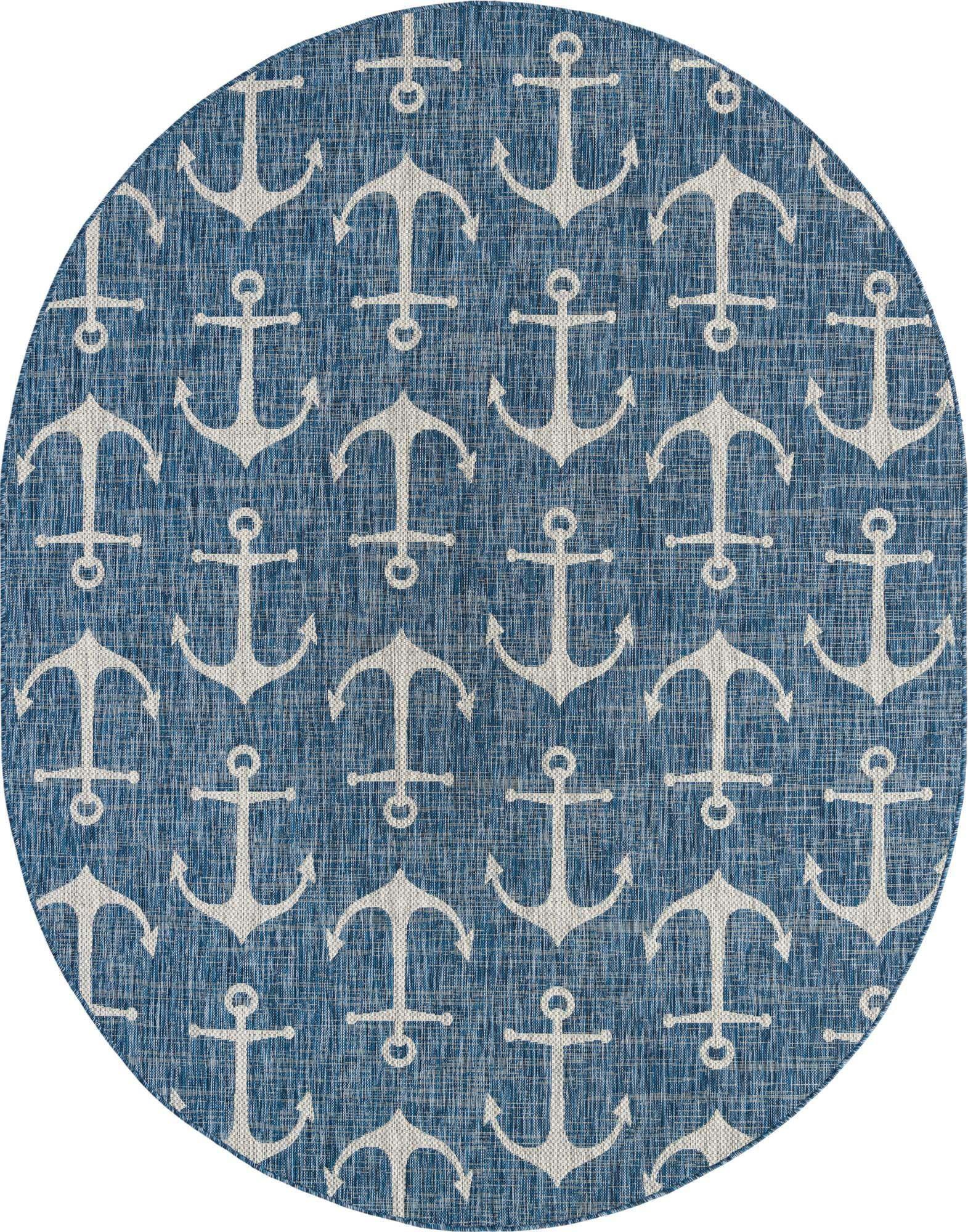 Unique Loom Outdoor Rugs - Outdoor Coastal Solid Print Oval 8x10 Oval Rug Blue & Gray