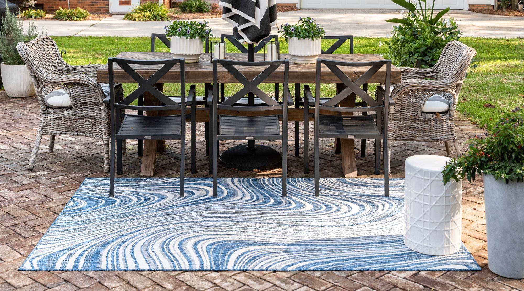 Unique Loom Outdoor Rugs - Outdoor Modern Abstract Rectangular 8x11 Rug Navy Blue & Ivory