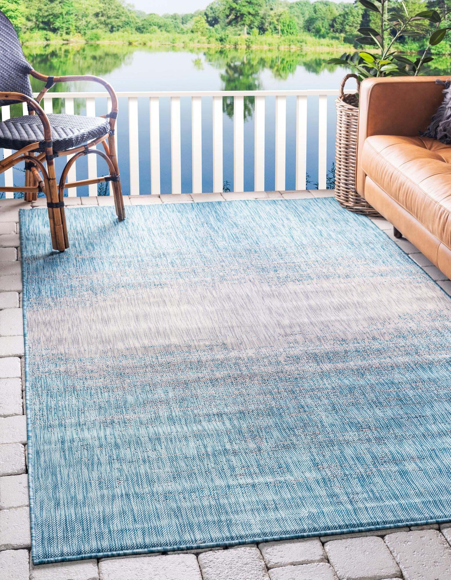 Unique Loom Outdoor Rugs - Outdoor Modern Abstract Rectangular 9x12 Rug Aqua Blue & Beige