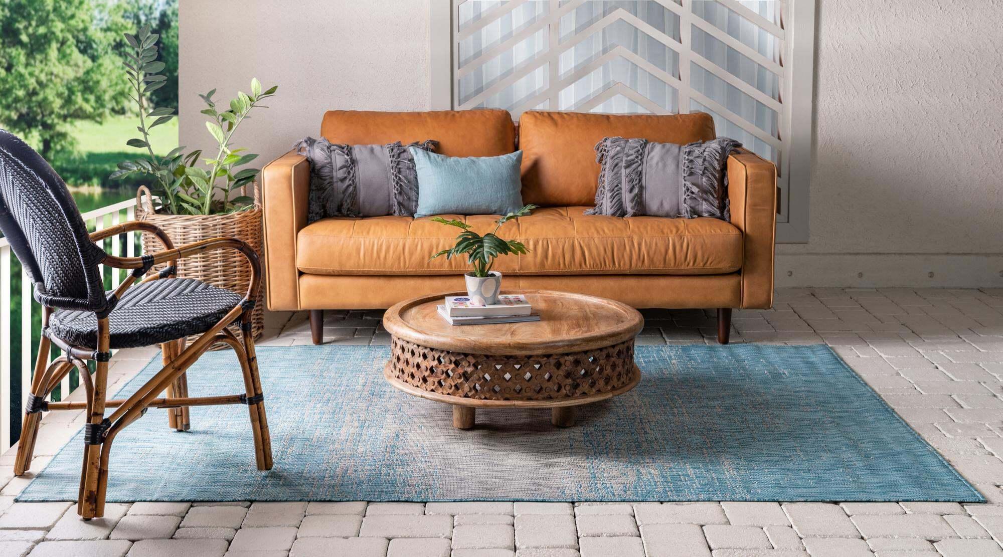 Unique Loom Outdoor Rugs - Outdoor Modern Abstract Rectangular 9x12 Rug Aqua Blue & Beige
