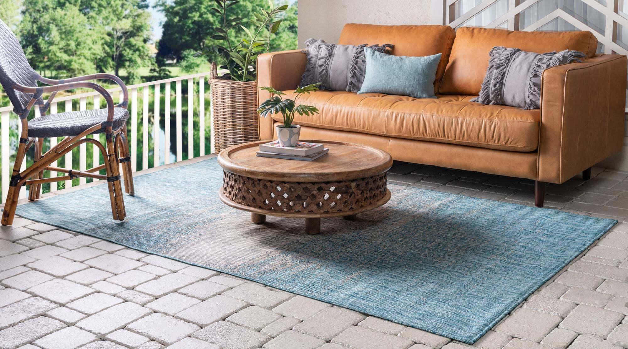 Unique Loom Outdoor Rugs - Outdoor Modern Abstract Rectangular 9x12 Rug Aqua Blue & Beige