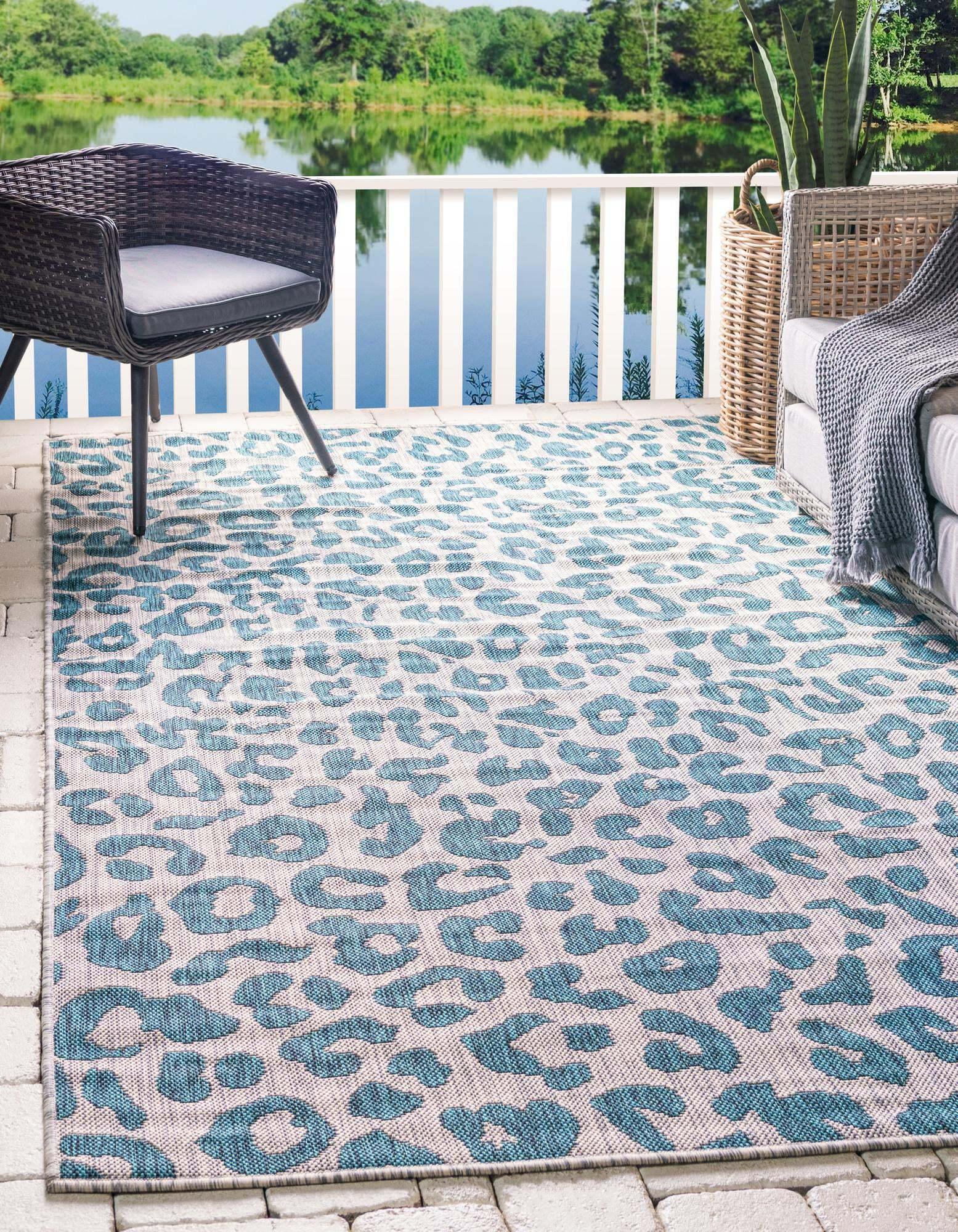 Unique Loom Outdoor Rugs - Outdoor Safari Animal Print Rectangular 8x11 Rug Teal & Light Gray