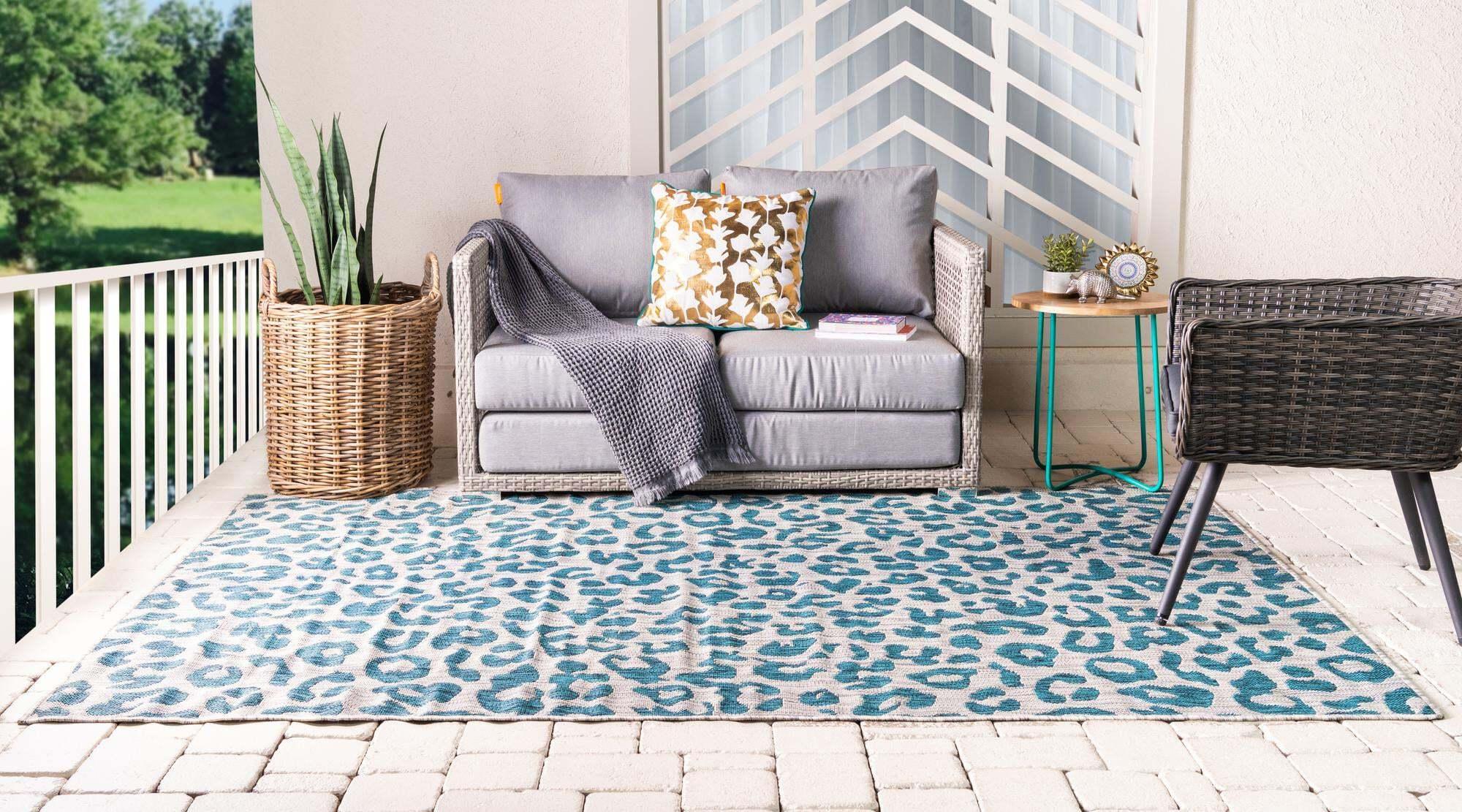 Unique Loom Outdoor Rugs - Outdoor Safari Animal Print Rectangular 8x11 Rug Teal & Light Gray