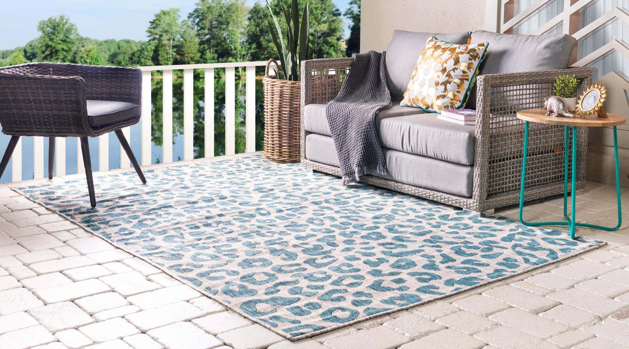 Unique Loom Outdoor Rugs - Outdoor Safari Animal Print Rectangular 8x11 Rug Teal & Light Gray