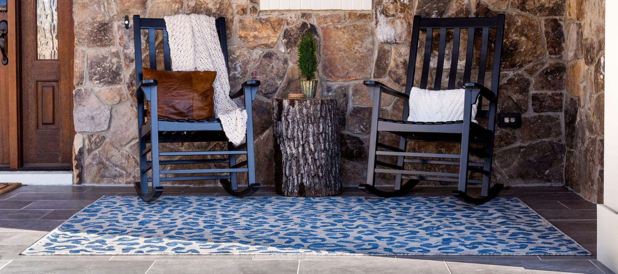 Unique Loom Outdoor Rugs - Outdoor Safari Animal Print Rectangular 9x12 Rug Blue & Ivory