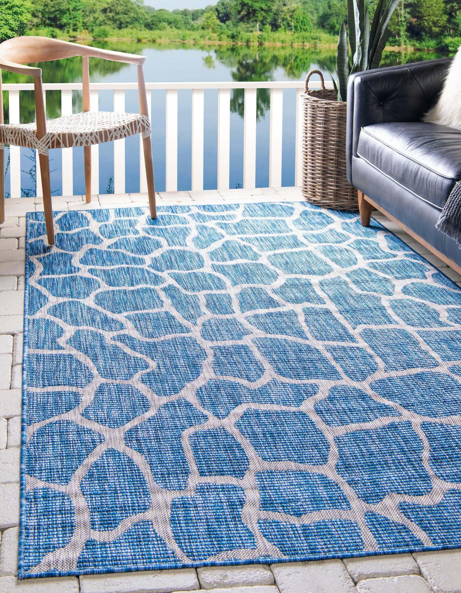 Unique Loom Outdoor Rugs - Outdoor Safari Animal Print Rectangular 9x12 Rug Blue