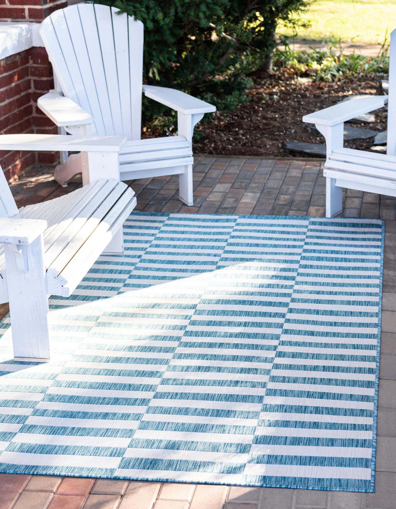 Unique Loom Outdoor Rugs - Outdoor Striped Geometric Rectangular 8x11 Rug Blue & Ivory