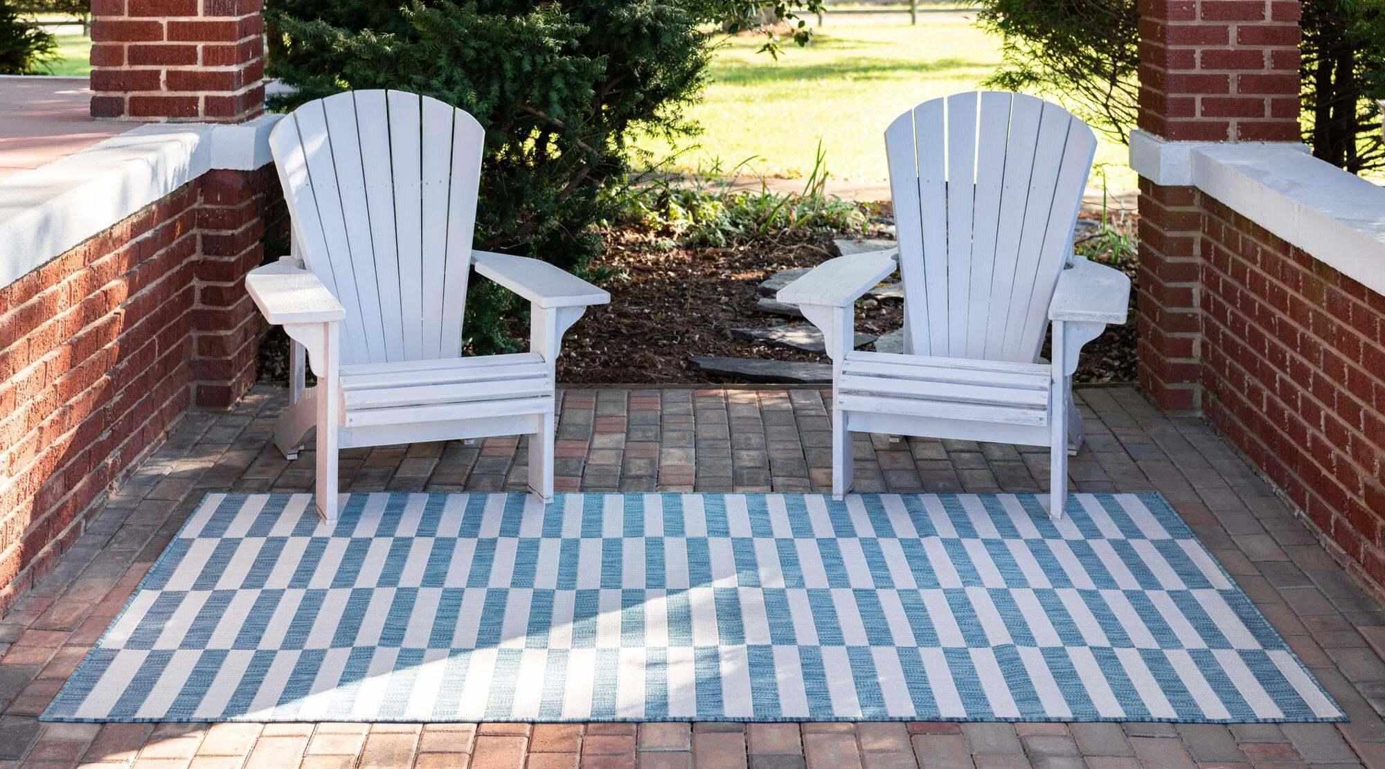 Unique Loom Outdoor Rugs - Outdoor Striped Geometric Rectangular 8x11 Rug Blue & Ivory