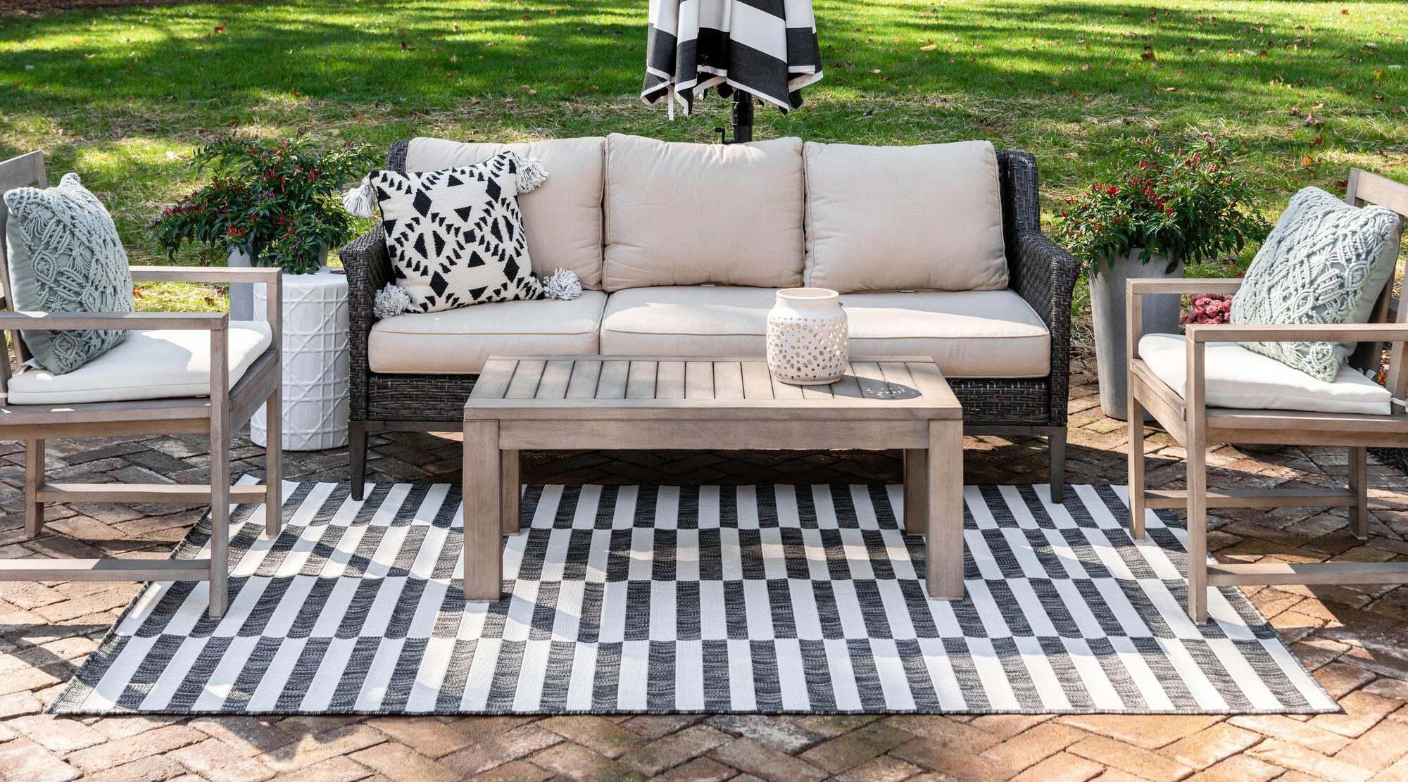 Unique Loom Outdoor Rugs - Outdoor Striped Geometric Rectangular 8x11 Rug Charcoal & Ivory