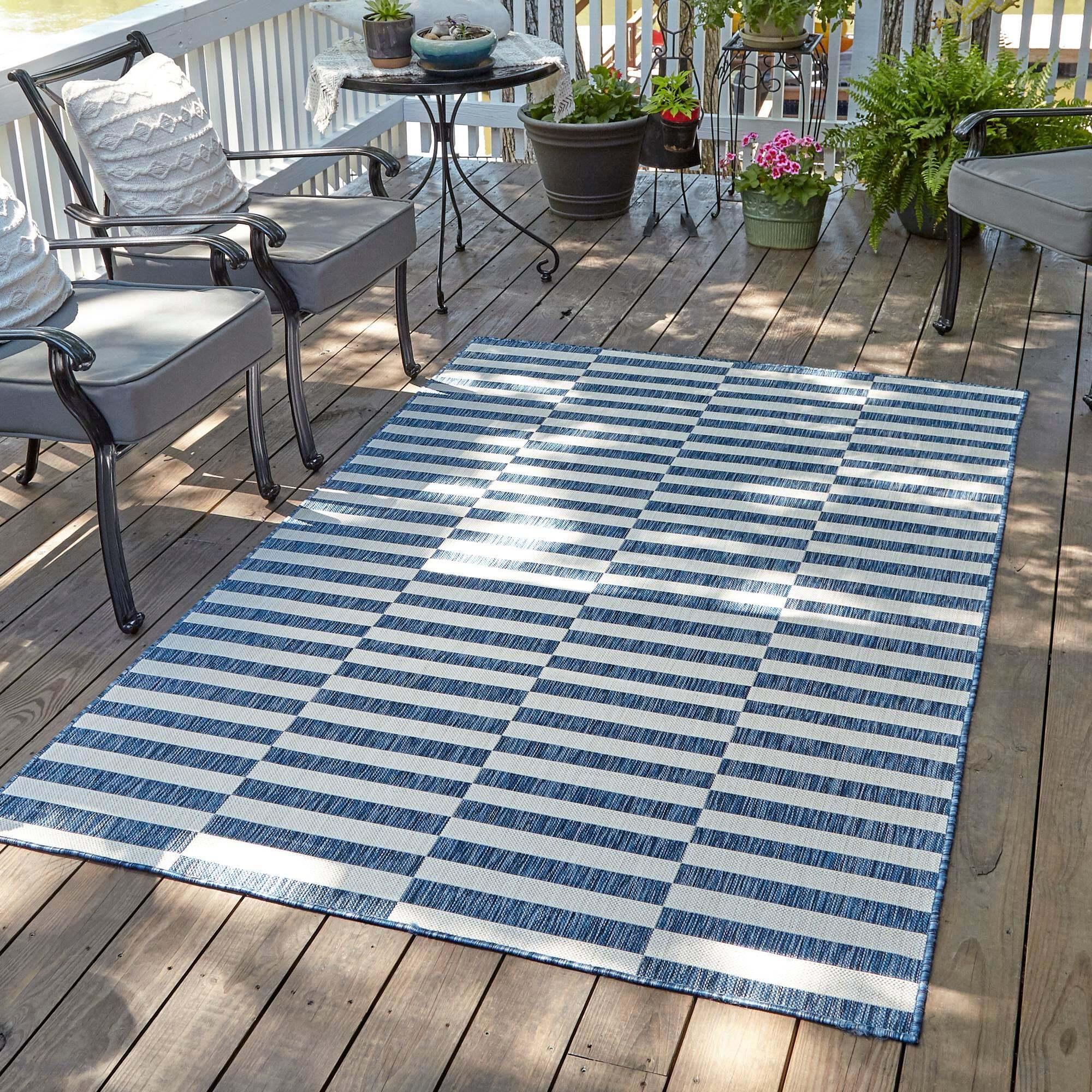 Unique Loom Outdoor Rugs - Outdoor Striped Geometric Rectangular 8x11 Rug Navy Blue & Ivory