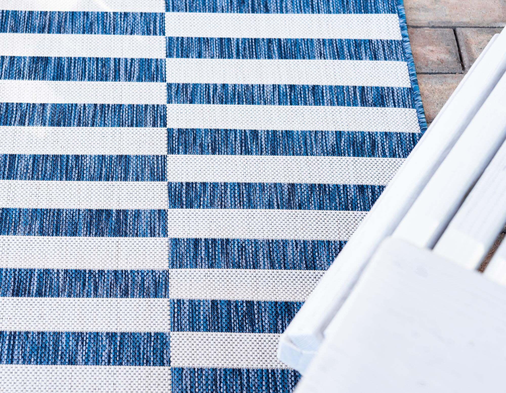 Unique Loom Outdoor Rugs - Outdoor Striped Geometric Rectangular 8x11 Rug Navy Blue & Ivory