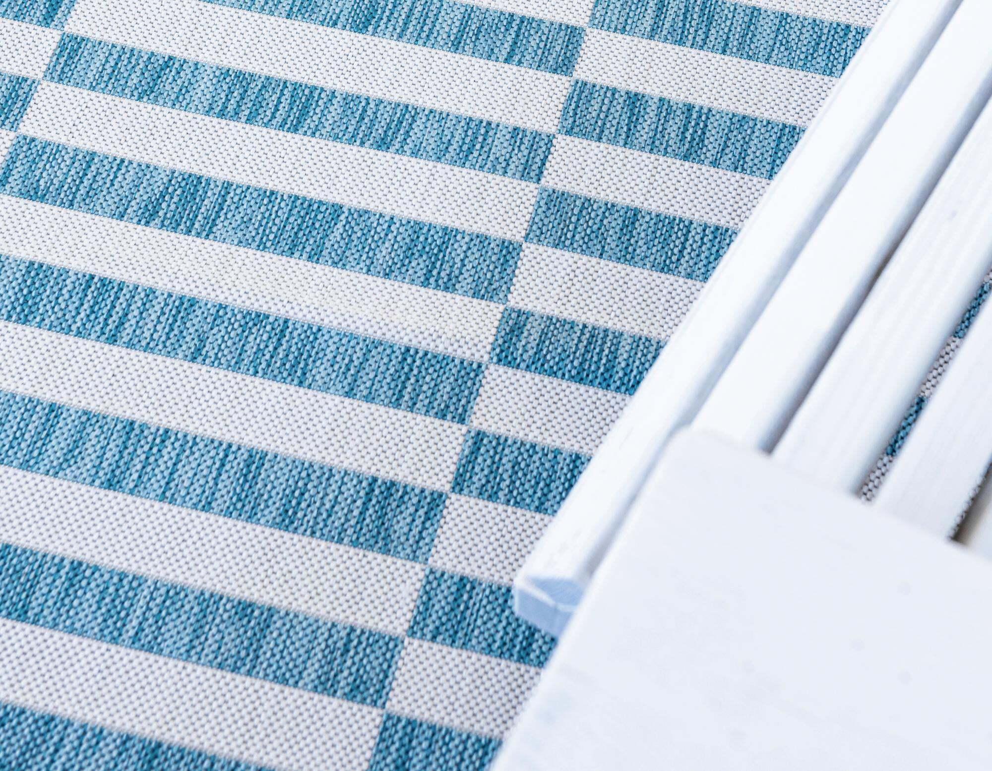 Unique Loom Outdoor Rugs - Outdoor Striped Geometric Rectangular 9x12 Rug Blue & Ivory