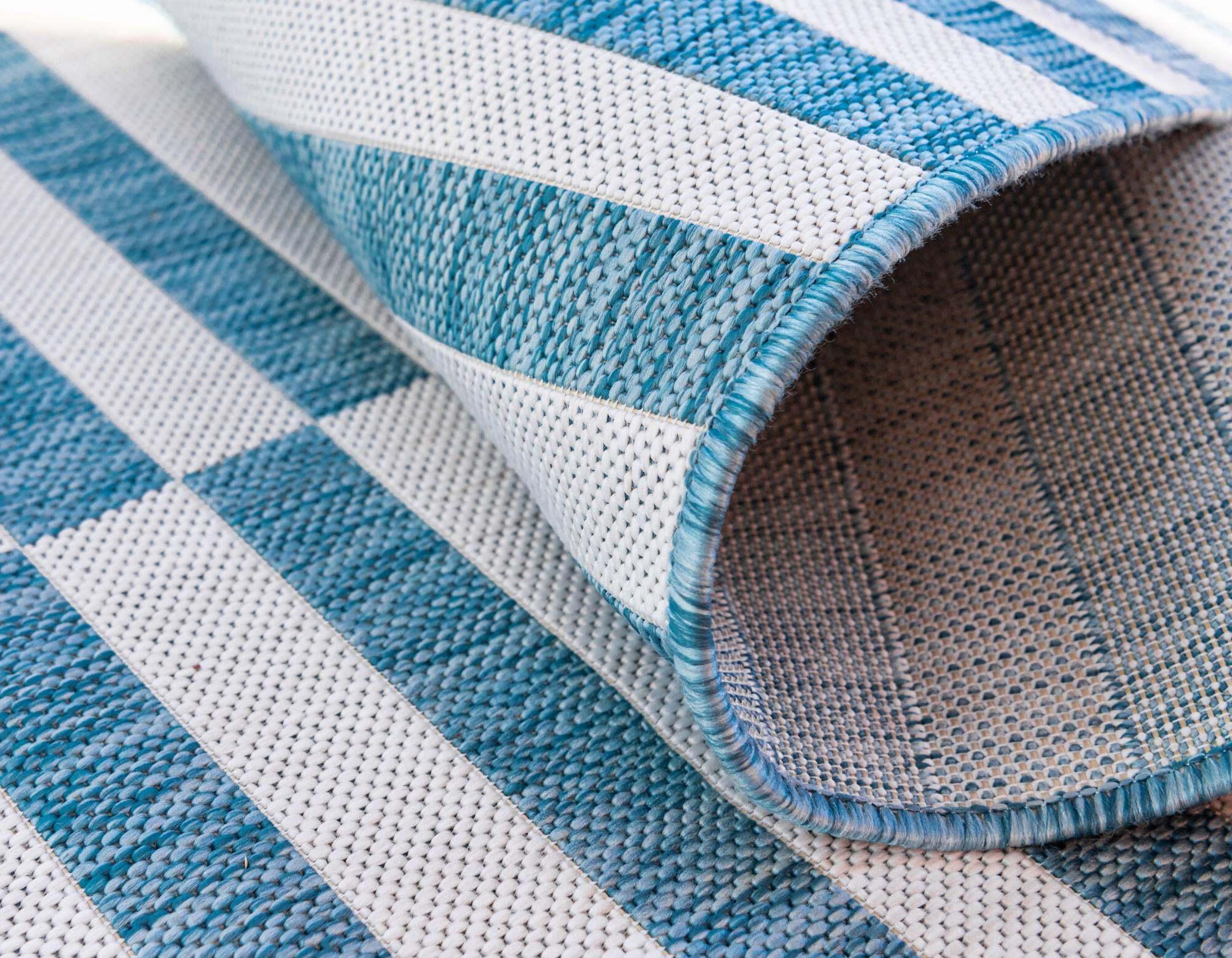 Unique Loom Outdoor Rugs - Outdoor Striped Geometric Rectangular 9x12 Rug Blue & Ivory