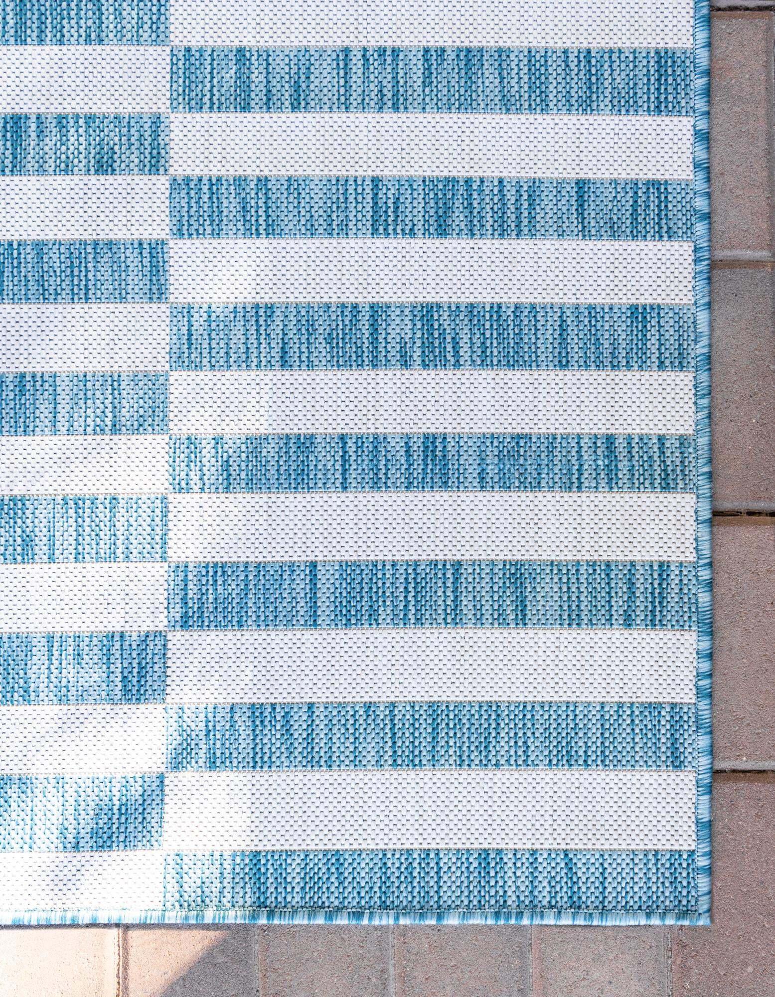Unique Loom Outdoor Rugs - Outdoor Striped Geometric Rectangular 9x12 Rug Blue & Ivory