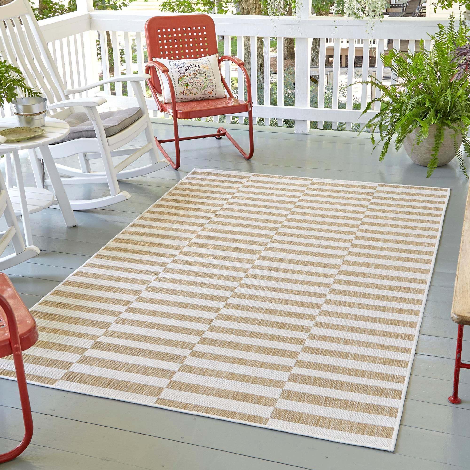 Unique Loom Outdoor Rugs - Outdoor Striped Geometric Rectangular 9x12 Rug Light Brown & Ivory